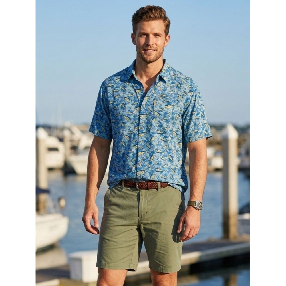 Columbia PFG Mahi Mahi Fish Print Short Sleeve Button Down Shirt Men L Blue